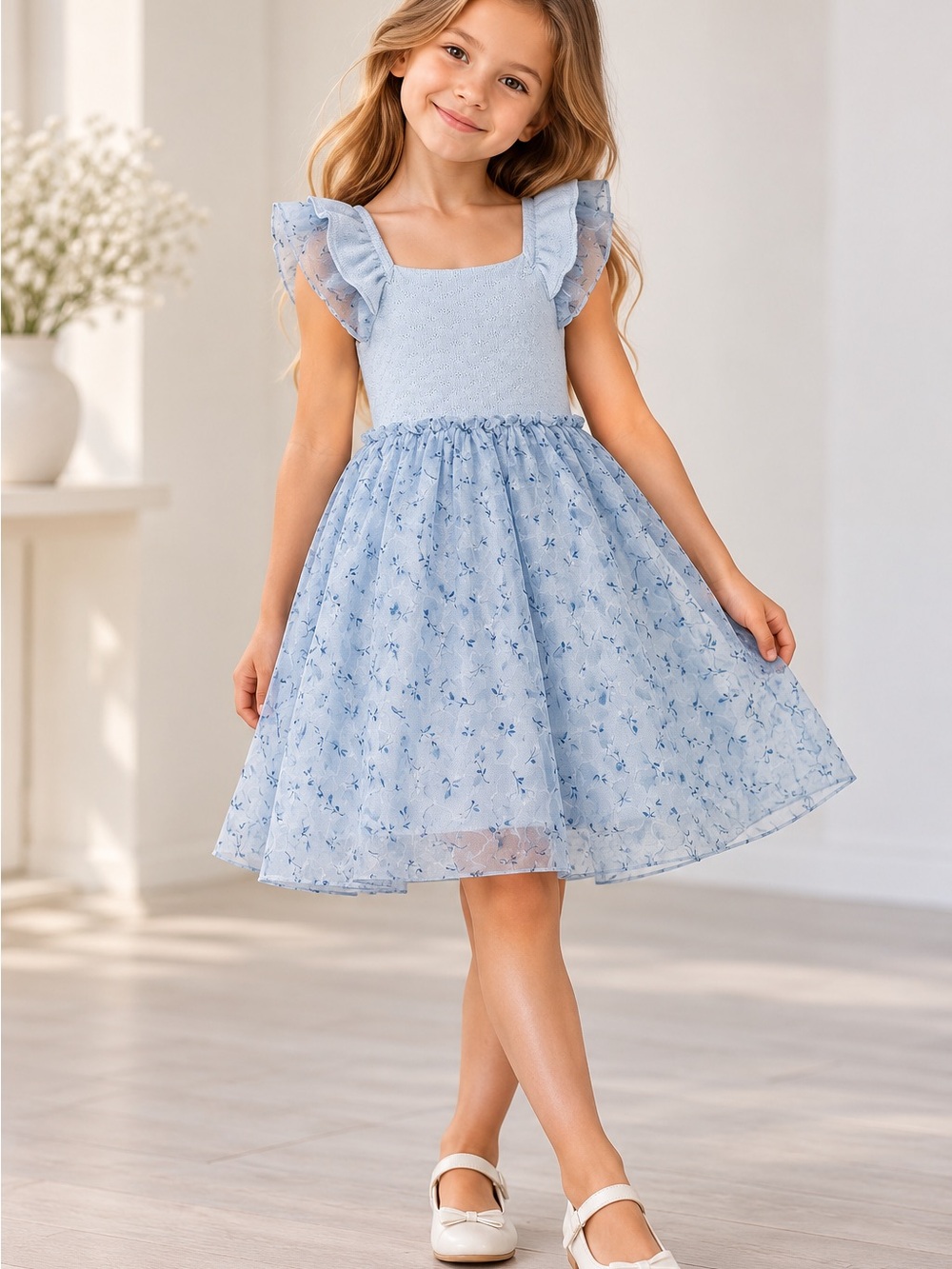 Nannette Girls Light Blue Floral Flutter Sleeve Dress – Size 7